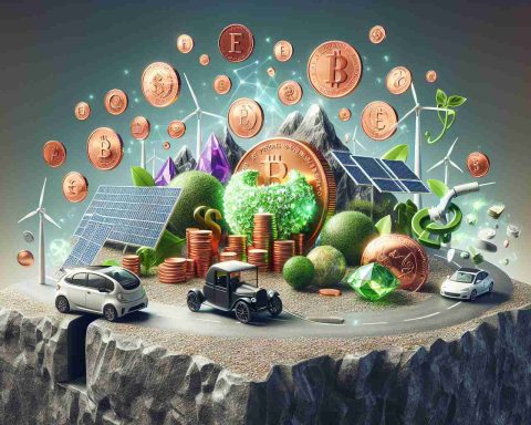 Realistic HD image of a concept illustrating penny stocks playing a major role in propelling the green revolution. Visual representation might include eco-friendly technologies like solar panels, wind turbines, and electric cars juxtaposed with symbols associated with penny stocks such as small, glinting coins, a hidden treasure chest, or rough, undiscovered gemstones.