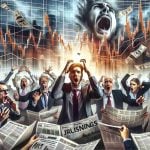 Generate a high-definition, realistic image that depicts a dramatic scene in the business sector, showing shocked investors reacting to a surprising decision made by a fictional company. Incorporate visual symbols of market unrest, such as fluctuating stock market graphs, worried businessmen and women discussing the news, and a variety of newspapers with bold headlines about the decision.