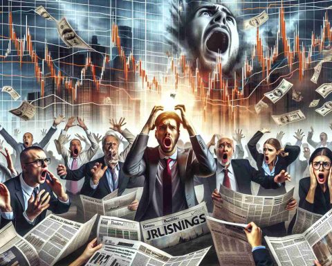 Generate a high-definition, realistic image that depicts a dramatic scene in the business sector, showing shocked investors reacting to a surprising decision made by a fictional company. Incorporate visual symbols of market unrest, such as fluctuating stock market graphs, worried businessmen and women discussing the news, and a variety of newspapers with bold headlines about the decision.