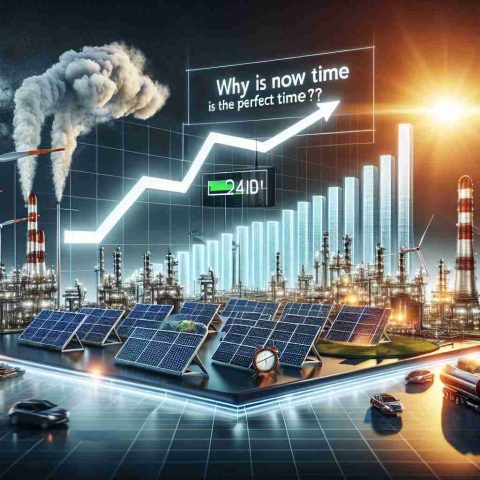 Realistic HD graphic representation of 'Why Is Now the Perfect Time to Invest in the Energy Sector?' with a dynamic bar graph indicating rising investment returns, overlaid on a background of energy sources like solar panels, wind turbines and oil refineries. The time marker is indicated as 'now', highlighting the flux point where investment would be most beneficial.