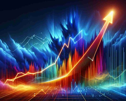 Generate a realistic HD representation of a striking surge, representing a meteorological or financial phenomenon, associated with an energy company. The image should convey a sense of strong forward momentum and rising to new heights, perhaps symbolized by an arrow or graph line moving steeply upward. The colors should be vibrant and dynamic to portray the notion of 'stunning'.