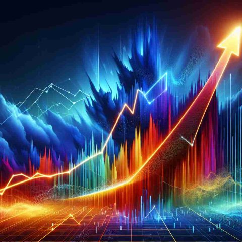 Generate a realistic HD representation of a striking surge, representing a meteorological or financial phenomenon, associated with an energy company. The image should convey a sense of strong forward momentum and rising to new heights, perhaps symbolized by an arrow or graph line moving steeply upward. The colors should be vibrant and dynamic to portray the notion of 'stunning'.