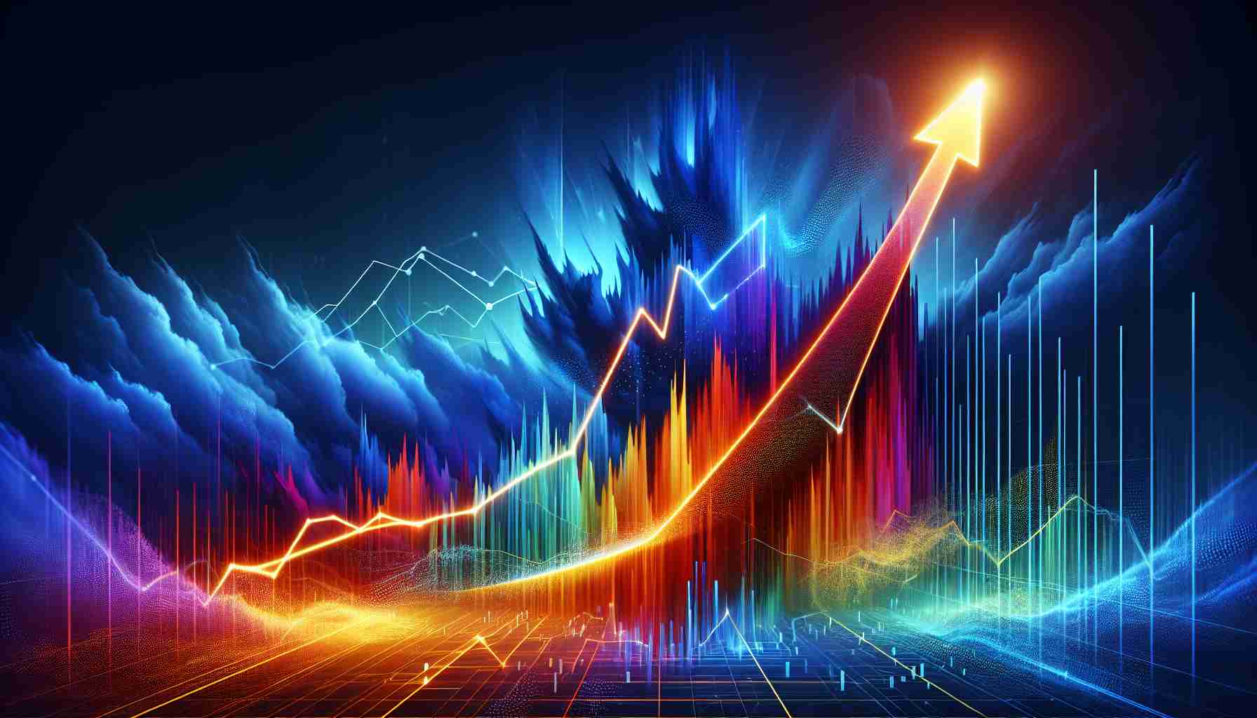 Generate a realistic HD representation of a striking surge, representing a meteorological or financial phenomenon, associated with an energy company. The image should convey a sense of strong forward momentum and rising to new heights, perhaps symbolized by an arrow or graph line moving steeply upward. The colors should be vibrant and dynamic to portray the notion of 'stunning'.