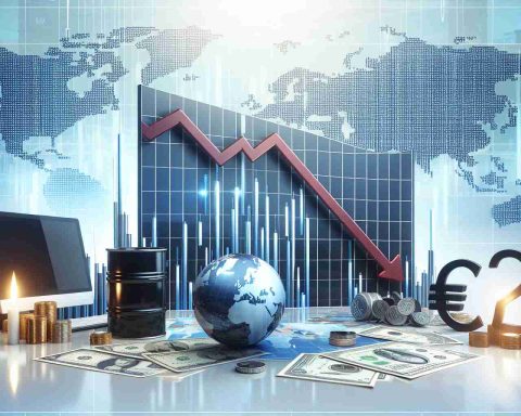 Illustration symbolizing the concept of falling oil prices in high definition. Incorporate a bar chart with a noticeable downward trend symbolic for the oil prices, alongside depictions of global currencies and a globe, representing the global markets. The scene preferably set in a professional environment such as an office or a trading floor.