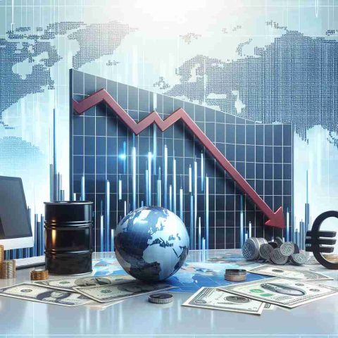 Illustration symbolizing the concept of falling oil prices in high definition. Incorporate a bar chart with a noticeable downward trend symbolic for the oil prices, alongside depictions of global currencies and a globe, representing the global markets. The scene preferably set in a professional environment such as an office or a trading floor.