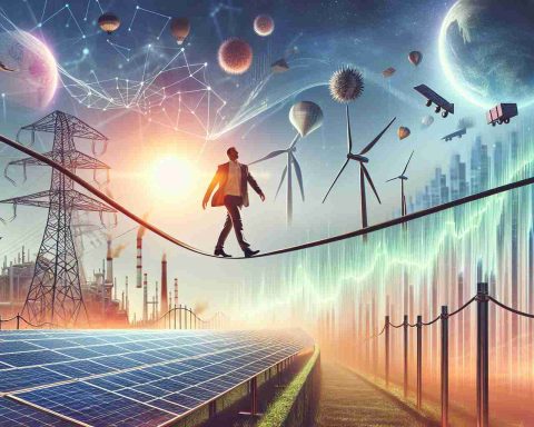 High definition, realistic image depicting the concept of big and transformative changes in the field of Solaris Energy. The scene may include elements such as new technologies, solar panels, wind turbines or other renewable energy sources. Visualize the sense of curiosity, anticipation and uncertainty that investors might be feeling, perhaps with symbols or metaphors like a tightrope walk, rollercoaster, or fluctuating graphs to convey the feeling of being on edge.