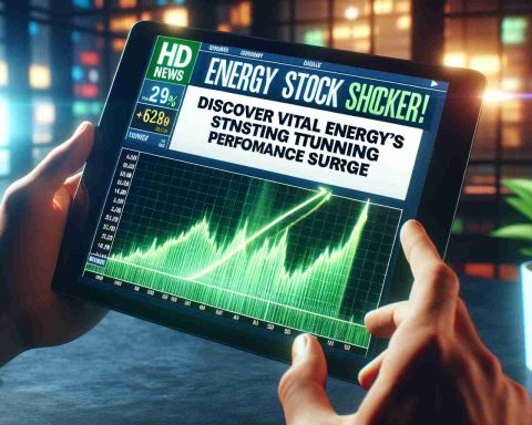 An HD image showing a breaking news headline that reads 'Energy Stock Shocker! Discover Vital Energy's Stunning Performance Surge'. The headline could be on a digital news site with a background of an upward trending stock graph, indicating a surge. The graph should be in green to depict positive stock growth. The company's name 'Vital Energy' should be in bold and prominent. Photorealism will be adhered to, to create a sense of surprise and excitement about the stunning performance surge.