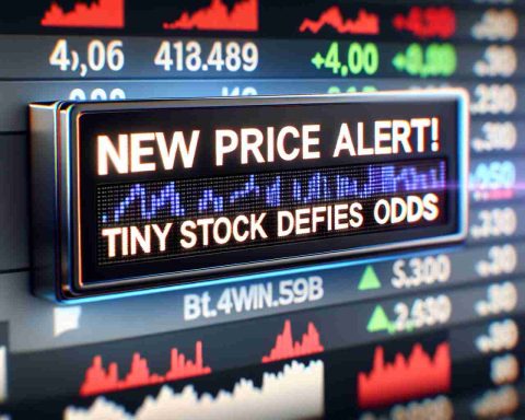 A realistic high-definition image of a bold news alert ticker showing the text 'New Price Alert! Tiny Stock Defies Odds.' It could be set against a blurry backdrop of stock market data metrics or charts demonstrating the remarkable performance of this small-capital stock.