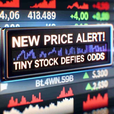 A realistic high-definition image of a bold news alert ticker showing the text 'New Price Alert! Tiny Stock Defies Odds.' It could be set against a blurry backdrop of stock market data metrics or charts demonstrating the remarkable performance of this small-capital stock.