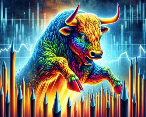 A realistic high-definition digital representation of an energetic and powerful bull, painted with vibrant colors that symbolize investment growth. The bull is surrounded by massive stakes metaphorically representing an ongoing 'stake grab'. The background is an energy-themed landscape to depict 'Energy Giant'.