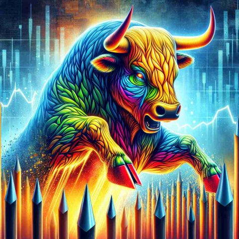 A realistic high-definition digital representation of an energetic and powerful bull, painted with vibrant colors that symbolize investment growth. The bull is surrounded by massive stakes metaphorically representing an ongoing 'stake grab'. The background is an energy-themed landscape to depict 'Energy Giant'.