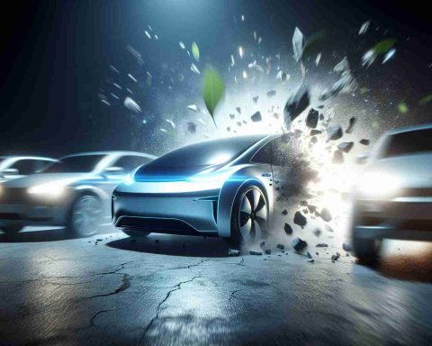 A high-definition, photorealistic image of a breakthrough moment in electric vehicle (EV) technology. A new competitor, symbolized by an innovative and futuristic electric car, is shaking up the market, sparking intrigue and rivalry among established brands.