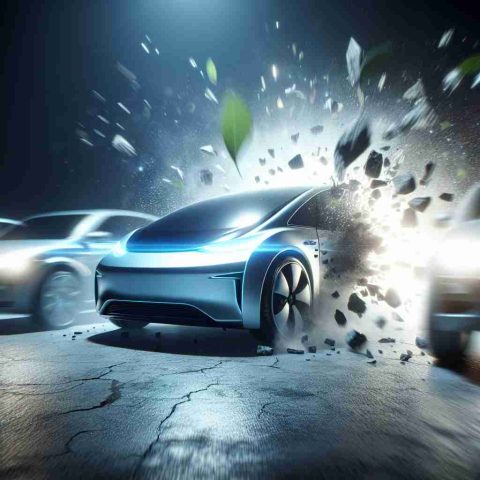 A high-definition, photorealistic image of a breakthrough moment in electric vehicle (EV) technology. A new competitor, symbolized by an innovative and futuristic electric car, is shaking up the market, sparking intrigue and rivalry among established brands.