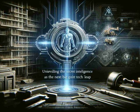 A high-definition image showcasing an abstract concept of artificial intelligence as the secret weapon for contractor solutions. The image could portray a futuristic interface, with advanced algorithms depicted as holograms or light beams, and construction tools. The logo of the system could be a metallic emblem with a titan figure. A tagline 'Unveiling the Next Big Tech Leap' could be prominently displayed.