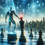 High definition, realistic image showing a conceptual representation of a core player in the Chinese tech industry, posed as preparing for a significant market strategy. The scene may display an abstract figure standing on a chessboard, moving a giant chess piece symbolizing their bold business plan, against a backdrop of high tech city skyline. The future of the technology industry should be hinted at with elements such as futuristic devices and digital data visualizations in the air. This image should inspire curiosity about upcoming innovation and market trends.