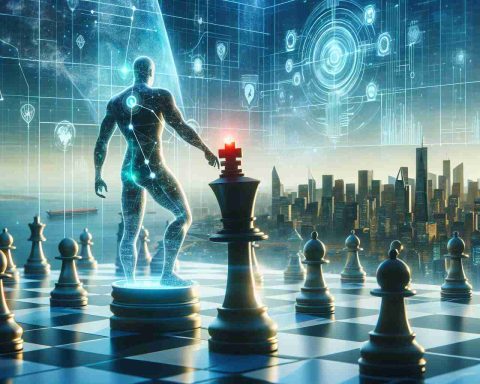 High definition, realistic image showing a conceptual representation of a core player in the Chinese tech industry, posed as preparing for a significant market strategy. The scene may display an abstract figure standing on a chessboard, moving a giant chess piece symbolizing their bold business plan, against a backdrop of high tech city skyline. The future of the technology industry should be hinted at with elements such as futuristic devices and digital data visualizations in the air. This image should inspire curiosity about upcoming innovation and market trends.