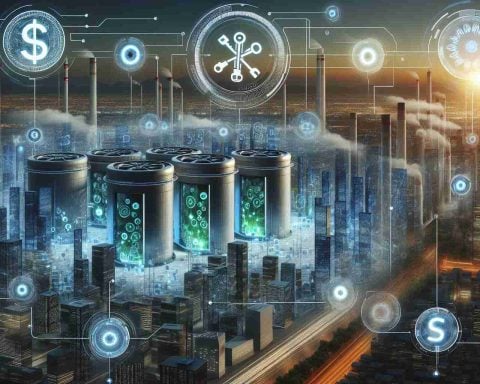 Generate a high-definition, realistic imagery symbolizing future potential of fuel cell energy technology. The scene may include futuristic urban landscapes powered by fuel cells, currency signs indicating investment potentials, and keys signifying opportunities being unlocked.