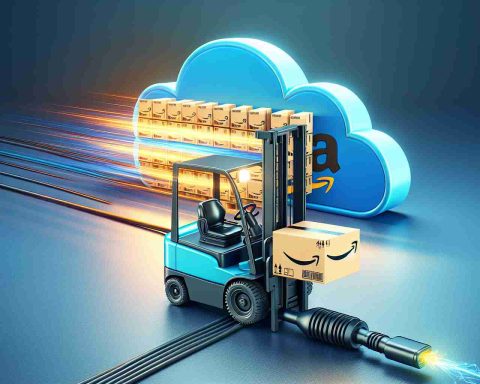 A high-definition and realistic image of a metaphorical representation of Amazon's 'Secret Weapon'. This could take the form of a forklift lifting a box, acting as a symbol for Amazon's efficient logistics, or an illustration of a high-speed bandwidth cable to represent their dominance in cloud computing services. The image should visually communicate the concept that these factors could lead to a potential increase in Amazon's share value.