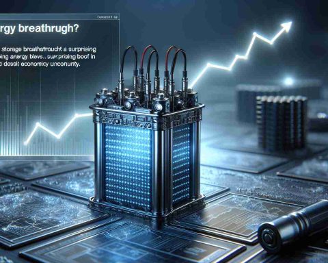 Hyper-detailed, realistic image of an energy storage breakthrough highlighted in a news article. It features a state-of-the-art battery or energy cell, showcasing futuristic technology. In a backdrop, there's a glowing graph signifying a surprising boost in this field despite economic uncertainty.