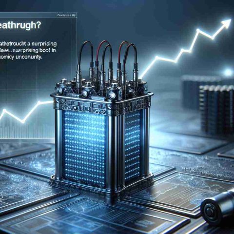 Hyper-detailed, realistic image of an energy storage breakthrough highlighted in a news article. It features a state-of-the-art battery or energy cell, showcasing futuristic technology. In a backdrop, there's a glowing graph signifying a surprising boost in this field despite economic uncertainty.