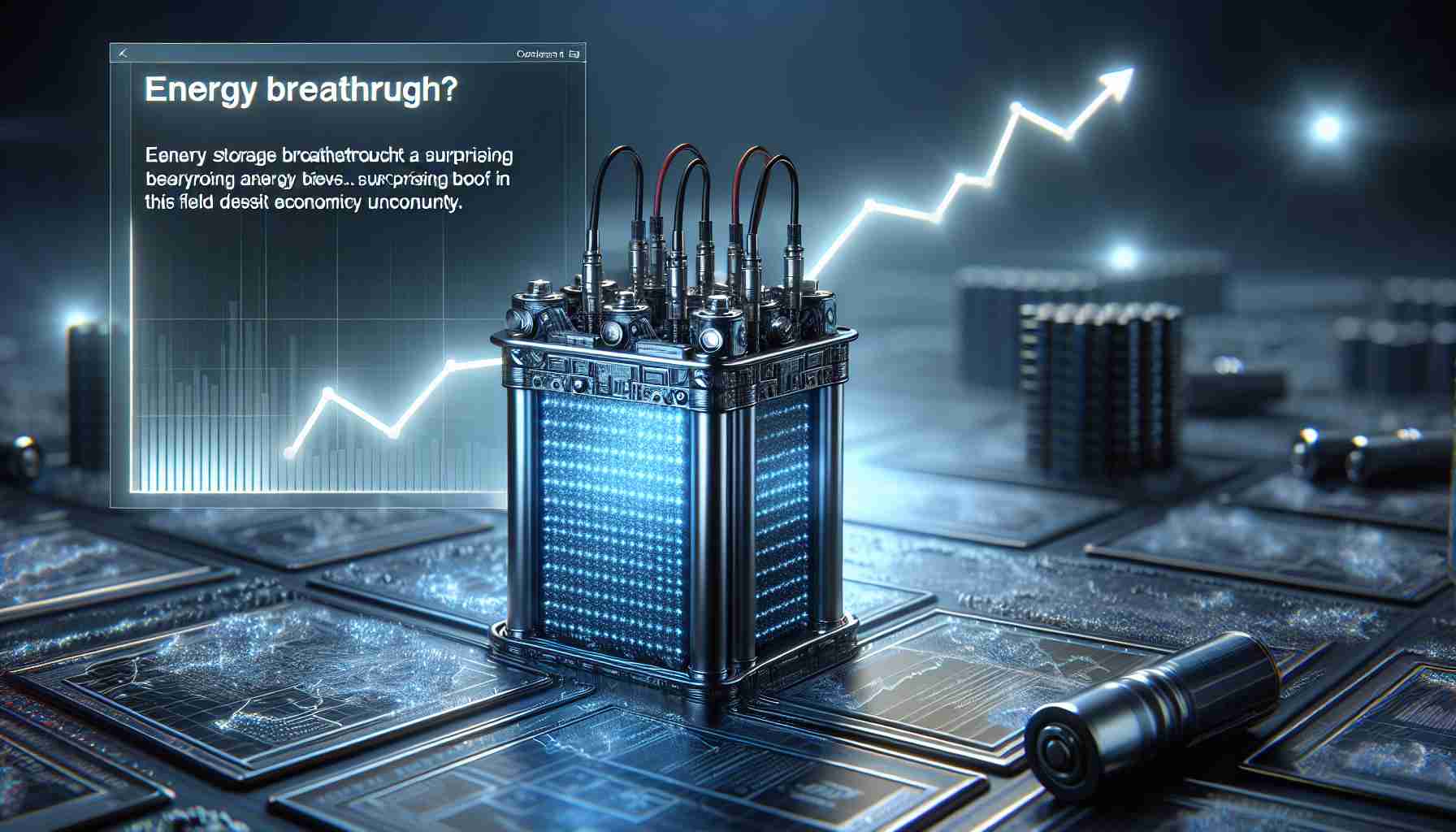 Hyper-detailed, realistic image of an energy storage breakthrough highlighted in a news article. It features a state-of-the-art battery or energy cell, showcasing futuristic technology. In a backdrop, there's a glowing graph signifying a surprising boost in this field despite economic uncertainty.