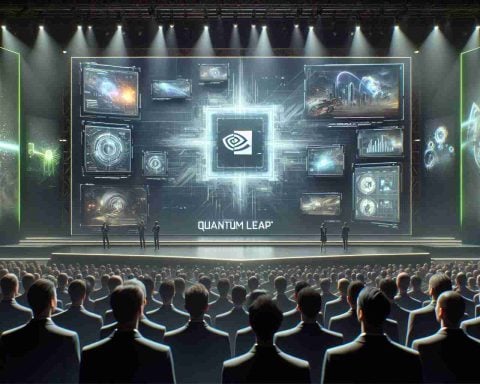 A realistic, high-definition depiction of the unveiling event of NVIDIA's 'Quantum Leap' - a revolutionary technology. Show us a stage with a large, futuristic-looking screen displaying conceptual graphics related to technology. Ensure people in the crowd are wearing professional attire, indicating a formal event. Capture the anticipation and excitement in the crowd. The stage should be well-lit with spotlights and other stage lighting, casting a warm and inviting glow.