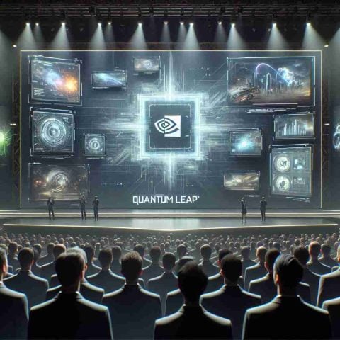 A realistic, high-definition depiction of the unveiling event of NVIDIA's 'Quantum Leap' - a revolutionary technology. Show us a stage with a large, futuristic-looking screen displaying conceptual graphics related to technology. Ensure people in the crowd are wearing professional attire, indicating a formal event. Capture the anticipation and excitement in the crowd. The stage should be well-lit with spotlights and other stage lighting, casting a warm and inviting glow.