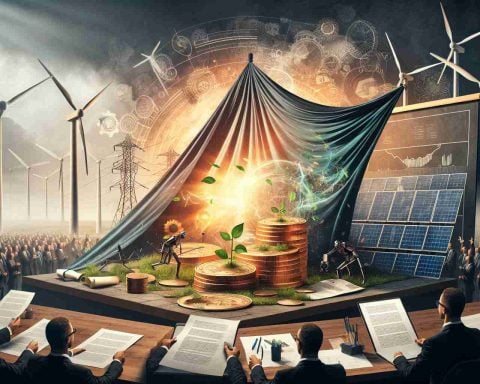 A highly detailed, realistic image representing the unveiling of a new scheme by a prominent renewable energy finance organization. This image shows the dramatic moment of the reveal, with a large banner being unfurled to announce the initiative. In the forefront, papers and laptops signify the drafting and implementation of the scheme. The background suggests the transformative power of renewable energy finance, with symbolic visual elements such as windmills, solar panels, and plants sprouting from coins. Be sure to encapsulate the sense of revolution and evolution in the scene.