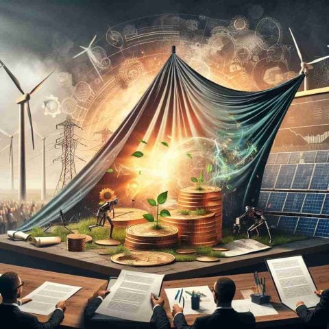 A highly detailed, realistic image representing the unveiling of a new scheme by a prominent renewable energy finance organization. This image shows the dramatic moment of the reveal, with a large banner being unfurled to announce the initiative. In the forefront, papers and laptops signify the drafting and implementation of the scheme. The background suggests the transformative power of renewable energy finance, with symbolic visual elements such as windmills, solar panels, and plants sprouting from coins. Be sure to encapsulate the sense of revolution and evolution in the scene.