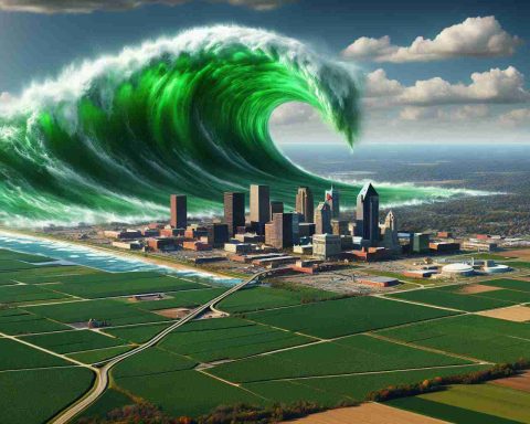 A realistic HD portrayal of a dynamic green wave signifying growth and progress over Ohio's landscape. The wave sweeps across the farmlands, industrial areas, and into the cities, symbolising the potential danger of the state falling behind if missed. The scene is saturated with a sense of urgency and fear of being left out from the wave of advancement Forever.