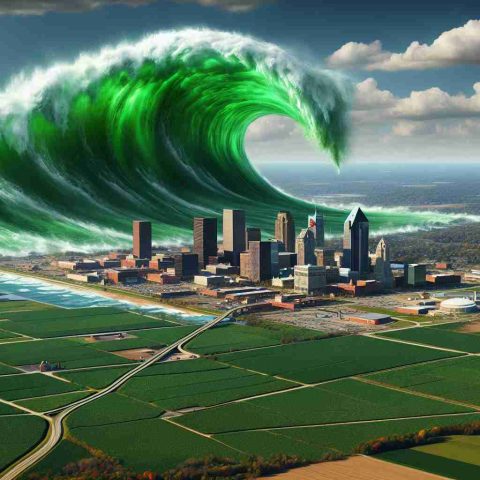 A realistic HD portrayal of a dynamic green wave signifying growth and progress over Ohio's landscape. The wave sweeps across the farmlands, industrial areas, and into the cities, symbolising the potential danger of the state falling behind if missed. The scene is saturated with a sense of urgency and fear of being left out from the wave of advancement Forever.