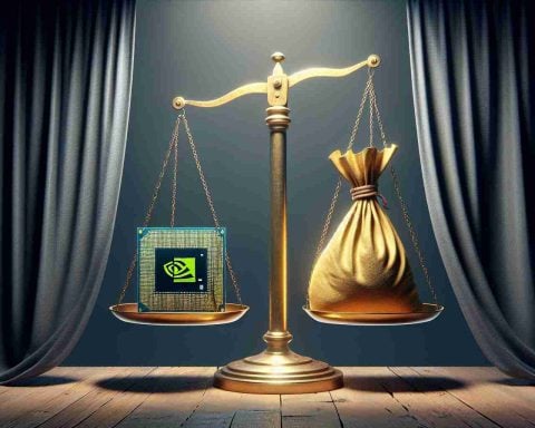 Generate a realistic high definition image of the concept 'overvaluation'. Depict a scales in equilibrium but with a computer chip (representing NVIDIA) on one side and a hefty bag of gold (symbolizing value) on the other. Overlay this image with a surprising truth being unveiled symbolically, perhaps through a curtain pull revealing the essence of the concept underneath.