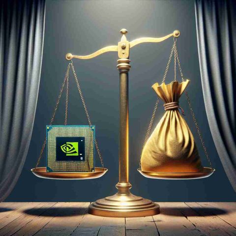 Generate a realistic high definition image of the concept 'overvaluation'. Depict a scales in equilibrium but with a computer chip (representing NVIDIA) on one side and a hefty bag of gold (symbolizing value) on the other. Overlay this image with a surprising truth being unveiled symbolically, perhaps through a curtain pull revealing the essence of the concept underneath.