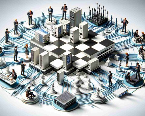 A high definition, realistic representation of the power dynamics within a tech company based in India, specifically visualized as the metaphorical power plays behind the scenes. Incorporate elements such as tech devices (e.g. routers, modems, etc.), ethernet cables, network nodes, and human figures strategizing their moves on a giant chessboard.