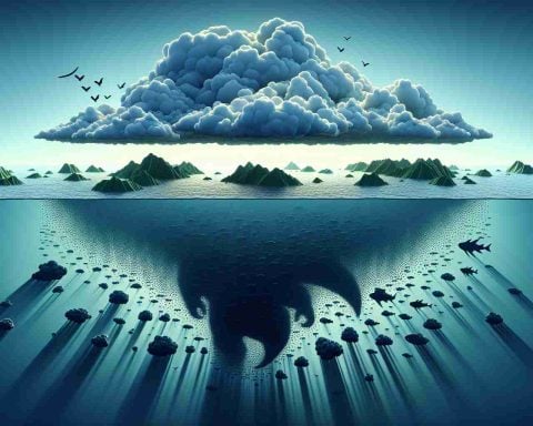 A high-definition, realistic representation of big data's untapped potentials and perils. Illustrate this concept as a vast ocean filled with islands which represent potential benefits. Danger lurks beneath the surface in the form of shadowy sea creatures, symbolizing the threats and challenges. Above this ocean is a horizon stretching beyond the boundaries of known technology, hinting at unexplored possibilities. Make it visually metaphorical as big data isn't a physical entity.