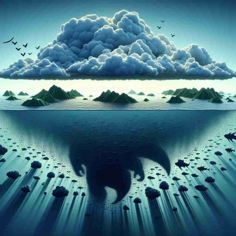 A high-definition, realistic representation of big data's untapped potentials and perils. Illustrate this concept as a vast ocean filled with islands which represent potential benefits. Danger lurks beneath the surface in the form of shadowy sea creatures, symbolizing the threats and challenges. Above this ocean is a horizon stretching beyond the boundaries of known technology, hinting at unexplored possibilities. Make it visually metaphorical as big data isn't a physical entity.