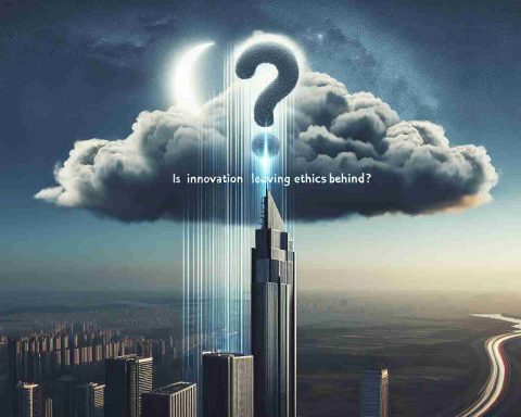 A high-definition realistic image depicting the concept of rising power linked to a generic technology company. The metaphorical representation might include a tower growing taller, touching the sky, symbolizing growth, innovation, and power. In the backdrop, a question is being raised: 'Is Innovation Leaving Ethics Behind?' This could take shape as a cloud shaped as a question mark, casting a shadow over the tower, conveying a sense of ethical dilemma concerning technological advancement.