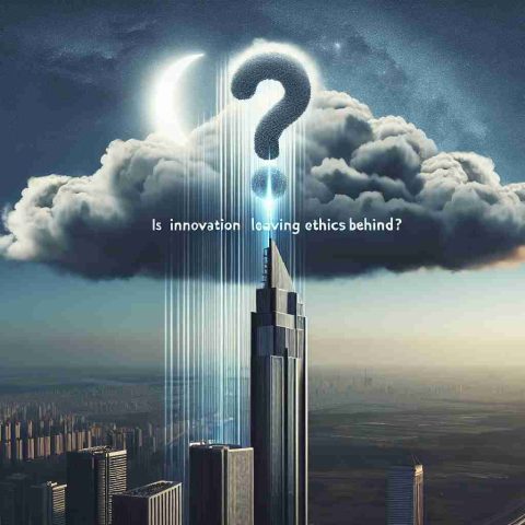 A high-definition realistic image depicting the concept of rising power linked to a generic technology company. The metaphorical representation might include a tower growing taller, touching the sky, symbolizing growth, innovation, and power. In the backdrop, a question is being raised: 'Is Innovation Leaving Ethics Behind?' This could take shape as a cloud shaped as a question mark, casting a shadow over the tower, conveying a sense of ethical dilemma concerning technological advancement.