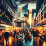 A vivid image of a bustling market scene located in the southern hemisphere, specifically Australia. The atmosphere is chaotic with various stalls selling an assortment of goods, with traders and customers in frenzied negotiation. Focus on a large banking building in the backdrop, which visibly shows signs of financial decline with a stock price ticker displaying falling numbers. The passengers walking by represent a mix of ethnicities. Highlight the real-life struggle a top bank is facing amidst the lively market scene.