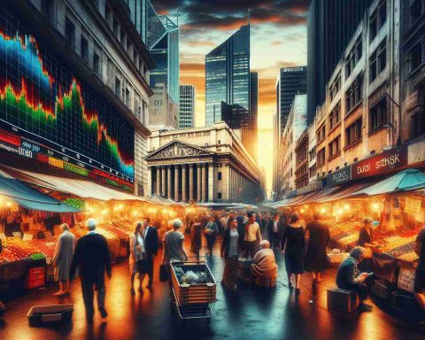 A vivid image of a bustling market scene located in the southern hemisphere, specifically Australia. The atmosphere is chaotic with various stalls selling an assortment of goods, with traders and customers in frenzied negotiation. Focus on a large banking building in the backdrop, which visibly shows signs of financial decline with a stock price ticker displaying falling numbers. The passengers walking by represent a mix of ethnicities. Highlight the real-life struggle a top bank is facing amidst the lively market scene.