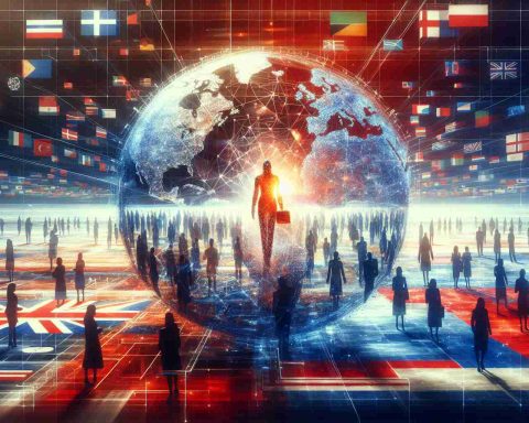 A stunning high-definition image representing the concept of the silent revolution, depicted as a single nation altering the structure of the global workforce. Showcase an abstract representation of the globe with different national flags, overlaid with figures of people from diverse descent and genders collaborating and network building, symbolizing unity and progress in the workplace. Let the central figure be a magnificently constructed emblem of knowledge and innovation, shining brightly, epitomizing the power of a 'nation' to shape change.