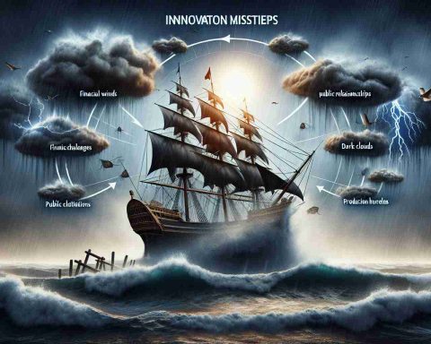 Create a HD realistic image representing the concept of 'Innovation Missteps'. Visualize a metaphorical storm around a ship, symbolizing a company facing challenges. The ship is striving to maintain its course through the tempest, signifying the attempt to weather through difficulties. Use the elements of the storm to represent various setbacks like strong winds for financial challenges, dark clouds for public relationship issues, and rough waves for production hurdles. Do not personify any specific real-world company.