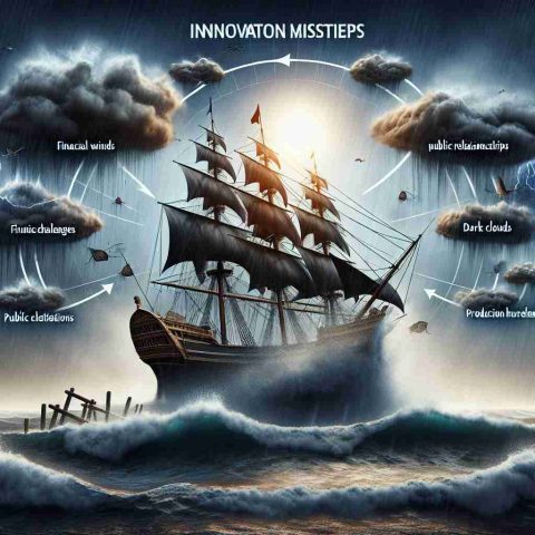 Create a HD realistic image representing the concept of 'Innovation Missteps'. Visualize a metaphorical storm around a ship, symbolizing a company facing challenges. The ship is striving to maintain its course through the tempest, signifying the attempt to weather through difficulties. Use the elements of the storm to represent various setbacks like strong winds for financial challenges, dark clouds for public relationship issues, and rough waves for production hurdles. Do not personify any specific real-world company.