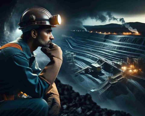 Create a realistic HD photo illustrating a metaphorical concept of 'Coal India facing unseen challenges'. Perhaps depict a coal miner, of South Asian descent, wearing standard mining gear and appearing contemplative. In the background, feature a coal mine that is seemingly calm on the surface but displays subtle signs of potential danger, such as fissures in the ground or ominous shadows. Use this image to symbolize the hidden challenges Coal India faces.