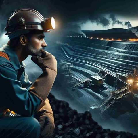 Create a realistic HD photo illustrating a metaphorical concept of 'Coal India facing unseen challenges'. Perhaps depict a coal miner, of South Asian descent, wearing standard mining gear and appearing contemplative. In the background, feature a coal mine that is seemingly calm on the surface but displays subtle signs of potential danger, such as fissures in the ground or ominous shadows. Use this image to symbolize the hidden challenges Coal India faces.