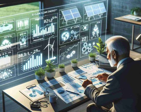 Realistic high-definition image representing the concept: 'Is clean energy the future of profitable investment?' The scene should depict an analyst studying graphs and charts filled with profits related to investments in clean energy. Surrounding this figure are symbols of various clean energy sources like a solar panels, wind turbines, and an electric vehicle. The analyst is an elderly South Asian man dressed in a business suit. The room lighting should reflect that of a workspace with modern technology and green plants subtly indicating an environmentally conscious workspace.