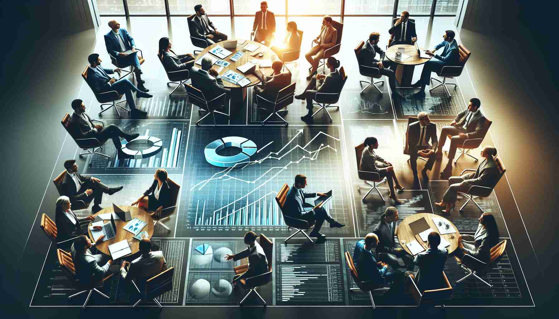 A high-definition realistic image representing the concept of corporate insiders making a bold move. It can include elements like office scenes where strategic discussions are happening, graphs and charts depicting growth or strong performance, and business executives, of varying genders and descents including Caucasian, Hispanic, Black, Middle-Eastern, South Asian, White, having a meeting or deep in discussion. Make sure to depict a sense of excitement and anticipation to reflect the all-in attitude.