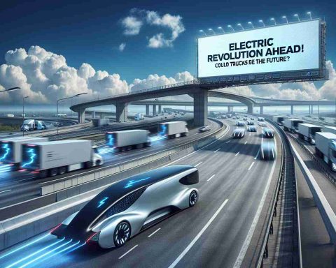 A hyper-realistic, HD photo showcasing a potential future where electric trucks dominate the transportation industry. The scene includes an imposing highway, under a cloud-dotted blue sky. Prominently in the foreground is a sleek, state-of-the-art electric semi-truck in motion. Smaller electric trucks can be seen in the distance, illustrating the dominance of this mode of transportation. Above, in big bold letters, is the phrase 'Electric Revolution Ahead! Could Trucks Be the Future?' illuminated as though on a gigantic billboard.