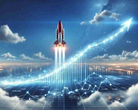 A high-definition realistic visualization of a metaphorical rocket soaring towards the sky, leaving behind it a trail depicting an upward trend on a graph. The graph symbolizes the growing revenue of a generic technology company. The background showcases a glimmering blue sky dotted with fluffy white clouds, symbolizing prosperity and growth. Near the bottom of the image is text stating 'Uncover the Hidden Catalyst'.