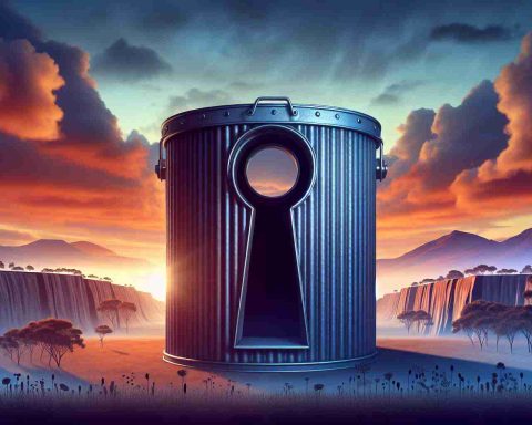 Imagine a dynamic image that is symbolic of game-changing moves. It's set against the backdrop of an Australian landscape which symbolizes the transformation of the country. However, the main focus of the image is a large, opaque container with a keyhole, implying the secrecy of the Future Fund’s role in the transformation. To set the gravity of the transformation, the skies are dramatic, filled with contrasting hues of orange and purple, signifying the dawn of change. This imagery is not just enchanting but also powerful and poignant, painting a story of change and progress.